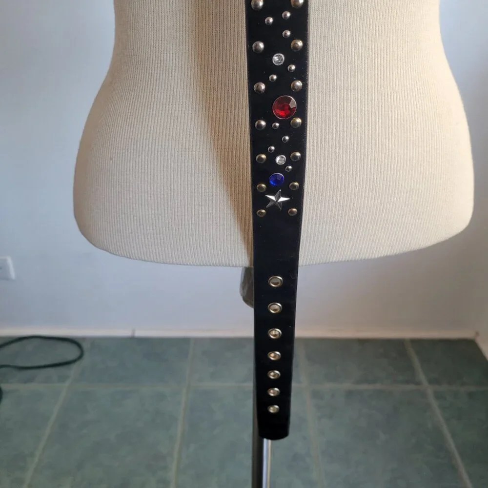 Rhinestone Star-Studded Black Velvet Metal Disco Glam Rocker Belt (Size: S/M)